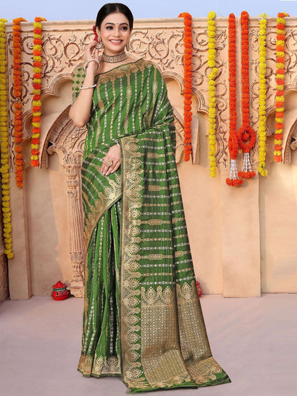 Rajwada Green Woven Banarasi Silk Saree With Unstitched Blouse For Women