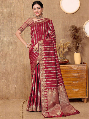Rajwada Maroon Woven Banarasi Silk Saree With Unstitched Blouse For Women