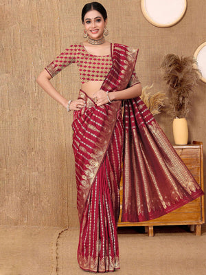 Rajwada Maroon Woven Banarasi Silk Saree With Unstitched Blouse For Women