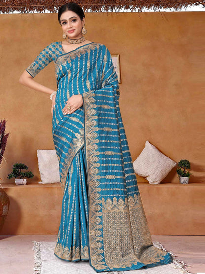 Rajwada Blue Woven Banarasi Silk Saree With Unstitched Blouse For Women