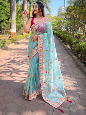 Rajwada Sea Green Embroidered Net Saree With Unstitched Blouse For Women