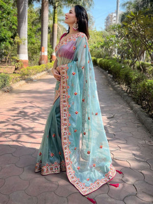 Rajwada Sea Green Embroidered Net Saree With Unstitched Blouse For Women