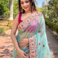 Rajwada Sea Green Embroidered Net Saree With Unstitched Blouse For Women