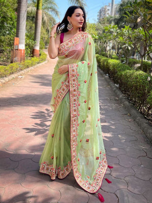 Rajwada Green Embroidered Net Saree With Unstitched Blouse For Women