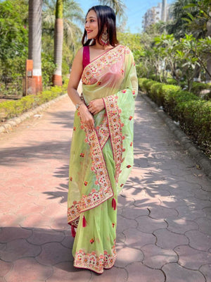 Rajwada Green Embroidered Net Saree With Unstitched Blouse For Women
