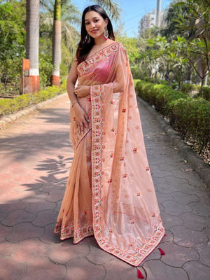 Rajwada Peach Embroidered Net Saree With Unstitched Blouse For Women