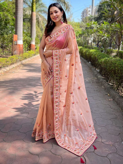 Rajwada Peach Embroidered Net Saree With Unstitched Blouse For Women