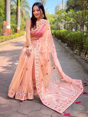 Rajwada Peach Embroidered Net Saree With Unstitched Blouse For Women