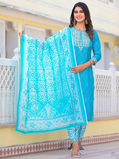 Rajwada Blue Printed Cotton Stitched Kurta Set For Women
