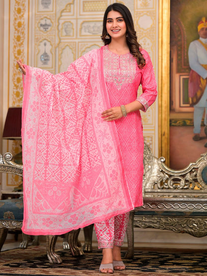 Rajwada Pink Printed Cotton Stitched Kurta Set For Women