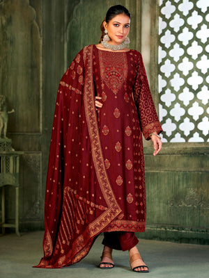 Rajwada Maroon Embroidered Viscose Semi Stitched Kurta Set For Women