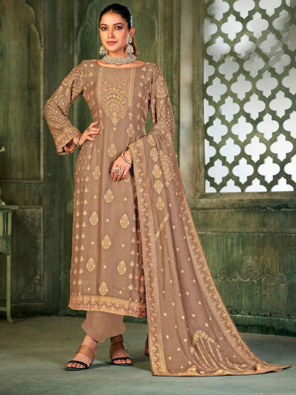 Rajwada Beige Embroidered Viscose Semi Stitched Kurta Set For Women