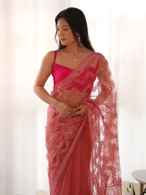 Rajwada Pink Net Embroidered Saree With Unstitched Blouse For Women