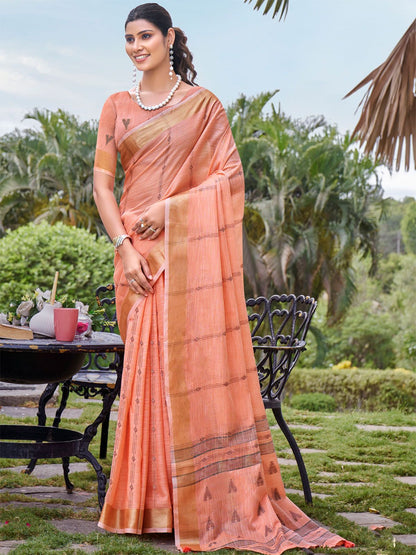 Rajwada Peach Cotton Woven Saree With Unstitched Blouse For Women