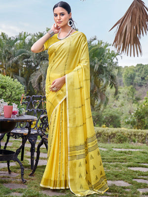 Rajwada Yellow Woven Saree With Unstitched Blouse For Women
