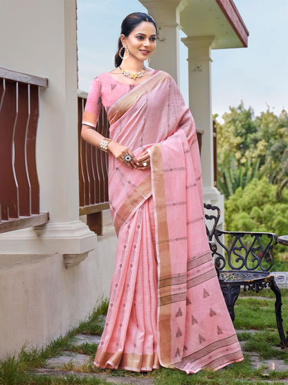 Rajwada Light Pink Woven Saree With Unstitched Blouse For Women