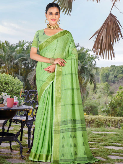 Rajwada Green Woven Saree With Unstitched Blouse For Women
