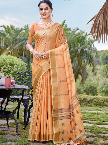 Rajwada Orange Woven Saree With Unstitched Blouse For Women