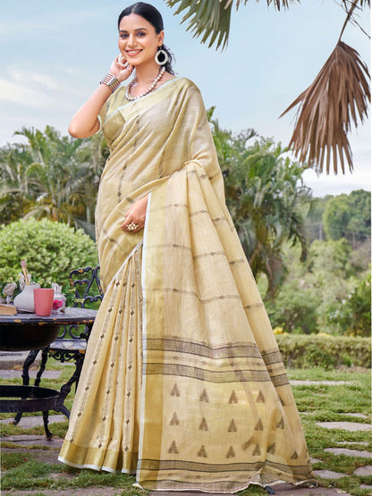 Rajwada Beige Woven Saree With Unstitched Blouse For Women