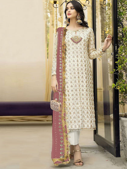Rajwada Cream Georgette Embroidered Semi Stitched Kurta Set For Women