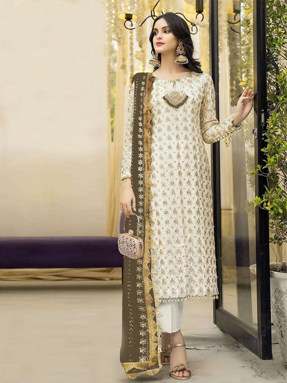 Rajwada Cream Georgette Embroidered Semi Stitched Kurta Set For Women