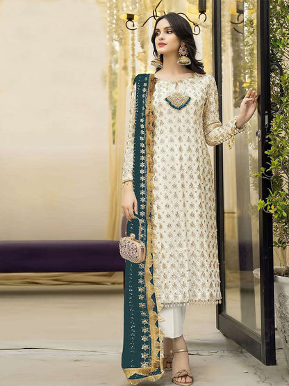 Rajwada Cream Georgette Embroidered Semi Stitched Kurta Set For Women