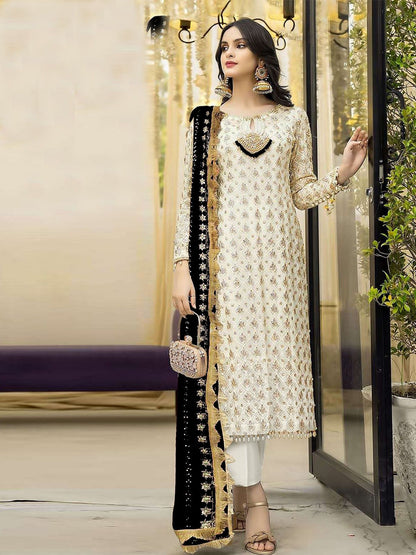 Rajwada Cream Georgette Embroidered Semi Stitched Kurta Set For Women