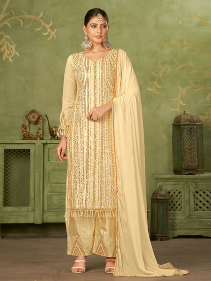 Rajwada Beige Georgette Embellished Semi Stitched Kurta Set For Women