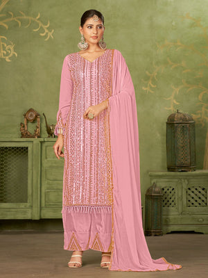 Rajwada Pink Georgette Embellished Semi Stitched Kurta Set For Women