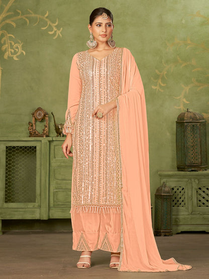 Rajwada Peach Georgette Embellished Semi Stitched Kurta Set For Women