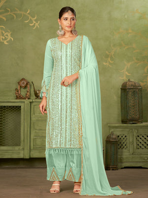 Rajwada Sea Green Georgette Embellished Semi Stitched Kurta Set For Women