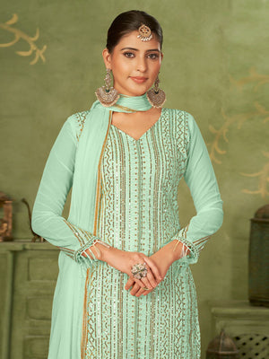 Rajwada Sea Green Georgette Embellished Semi Stitched Kurta Set For Women