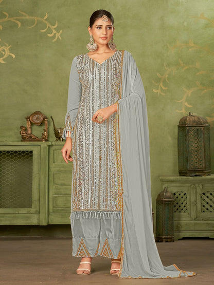 Rajwada Grey Georgette Embellished Semi Stitched Kurta Set For Women