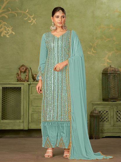 Rajwada Blue Georgette Embellished Semi Stitched Kurta Set For Women