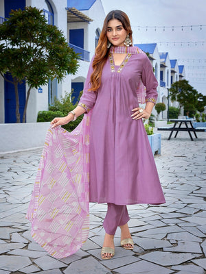 Rajwada Lavender Viscose Solid Stiched Kurta Set For Women
