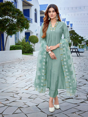 Rajwada Light Green Viscose Solid Stiched Kurta Set For Women