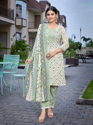 Rajwada Light Green Cotton Blend Printed Stiched Kurta Set For Women
