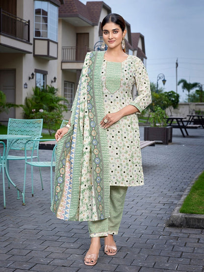 Rajwada Light Green Cotton Blend Printed Stiched Kurta Set For Women