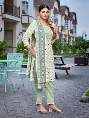 Rajwada Light Green Cotton Blend Printed Stiched Kurta Set For Women