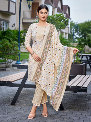 Rajwada Beige Cotton Blend Printed Stiched Kurta Set For Women