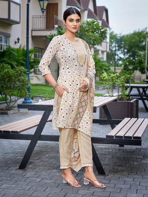 Rajwada Beige Cotton Blend Printed Stiched Kurta Set For Women
