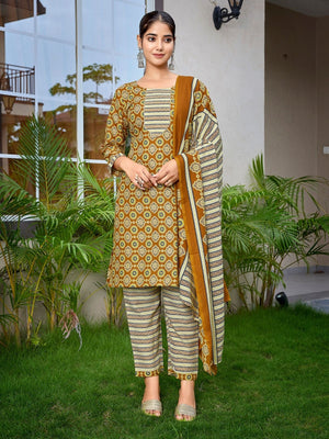 Rajwada Mustard Cotton Blend Printed Stiched Kurta Set For Women