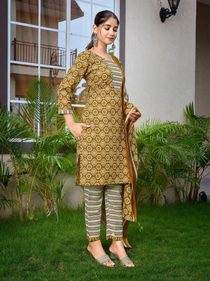 Rajwada Mustard Cotton Blend Printed Stiched Kurta Set For Women
