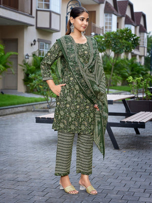 Rajwada Bottle Green Cotton Blend Printed Stiched Kurta Set For Women