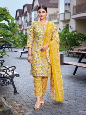 Rajwada Yellow Cotton Blend Printed Stiched Kurta Set For Women