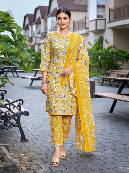 Rajwada Yellow Cotton Blend Printed Stiched Kurta Set For Women