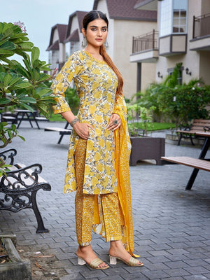 Rajwada Yellow Cotton Blend Printed Stiched Kurta Set For Women