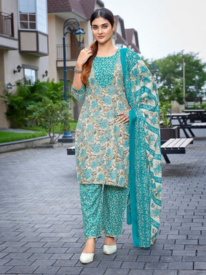 Rajwada Sea Green Cotton Blend Printed Stiched Kurta Set For Women