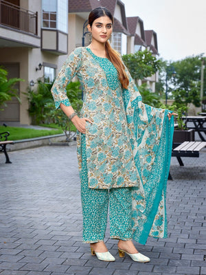 Rajwada Sea Green Cotton Blend Printed Stiched Kurta Set For Women