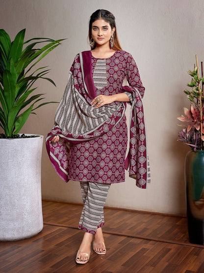 Rajwada Wine Cotton Blend Printed Stiched Kurta Set For Women